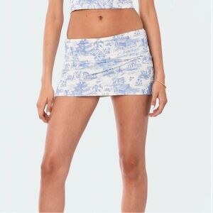 Edikted Blue and White Scenic Print Mini Skirt